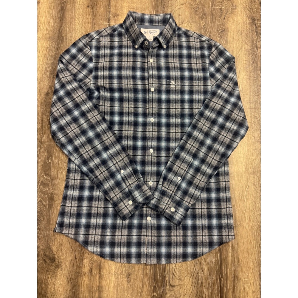 Original Penguin Munsingwear Mens Blue Plaid Flannel Button Down Shirt Medium